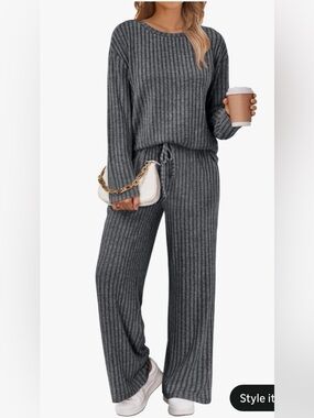 Lillusory Cozy Ribbed Knit Lounge Set- Gray